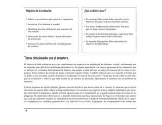 Objetivos de la evaluación                                       ¿Qué se debe evaluar?

  • Indicar a sus alumnos qué material es importante                • El contenido del examen debe coincidir con los
                                                                      objetivos del curso o de las rotaciones clínicas
  • Incentivar a los alumnos a estudiar
                                                                    • Los temas fundamentales deben tener más peso
  • Identificar las áreas deficientes que requieren de                que los temas menos importantes
    más estudio
                                                                    • El tiempo de evaluación dedicado a cada tema debe
  • Determinar las notas finales o tomar decisiones                   reflejar la importancia relativa del tema.
    de promoción
                                                                    • La muestra de preguntas debe representar los
  • Detectar los puntos débiles del curso/programa                    objetivos del aprendizaje
    de estudios




Temas relacionados con el muestreo
El objetivo de toda evaluación es extraer conclusiones con respecto a las aptitudes de los alumnos: es decir, conclusiones que
se extienden más allá de los problemas particulares (o, de manera equivalente, los casos o preguntas de la evaluación) que
se incluyen en el examen hasta alcanzar el dominio más amplio a partir del cual se realiza el muestreo de los casos (o pre-
guntas). Todos estamos de acuerdo en que la evaluación requiere tiempo. También está claro que si se aumenta el tiempo que
se dedica a una actividad, se debe disminuir el tiempo para el resto de las actividades. Ya sea que decida sobre un plan inte-
gral de evaluación o sobre lo que debe incluir en un examen en particular, básicamente se enfrenta con un problema de
muestreo.

Con las preguntas de opción múltiple, primero necesita decidir lo que desea incluir en el examen. La atención que se presta
al evaluar un aspecto debe reflejar su importancia relativa. Es necesario que explore temas y también habilidades (por ejem-
plo, determinar el diagnóstico, decidir sobre el siguiente paso en el tratamiento); no se pueden abarcar todos los temas en las
preguntas. El rendimiento observado en la muestra proporciona una base para calcular los logros en el dominio más amplio
que es el que realmente interesa. La naturaleza de la muestra determina el grado de reproducibilidad del cálculo de la capaci-
dad verdadera (si es confiable, generalizable) y de exactitud (si es válido). Si la muestra no es representativa del campo más



 10
 