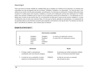 Items de tipo E

Estos eran ítems de formato múltiple de verdadero/falso que se basaban en el análisis de las relaciones. Los alumnos que
contestaban este tipo de preguntas aún hoy las llaman “Verdadero, Verdadero y no relacionado”. Los ítems de tipo E con-
staban de una oración con dos partes principales: una afirmación y la razón para esa afirmación. El alumno debía seleccionar
la opción A si ambas partes eran oraciones verdaderas y la razón era la explicación correcta de la afirmación; B, si ambas
partes eran oraciones verdaderas pero la razón no era la explicación correcta de la afirmación; C, si la afirmación era ver-
dadera pero la razón era una oración falsa; D, si la afirmación era falsa pero la razón era una oración verdadera; E, si tanto
la afirmación como la razón eran oraciones falsas. Se creía que las buenas aptitudes de razonamiento y la comprensión de
los principios básicos eran elementos necesarios para responder correctamente a este tipo de ítems. No obstante, los ítems de
tipo E eran difíciles de elaborar y eran confusos para los alumnos.


Ejemplo de un ítem de tipo E


                                                 Instrucciones resumidas

        A                    Verdadero           Verdadero            La razón es la explicación correcta.
        B                    Verdadero           Verdadero            La razón NO es la explicación correcta.
        C                    Verdadero           Falso
        D                    Falso               Verdadero
        E                    Falso               Falso


                          Afirmación                                                            Razón

        1. El herpes simple es generalmente                  PORQUE           los pacientes que reciben tratamiento mediante
           considerado como una infección autógena                            fiebre con frecuencia desarrollan herpes.

        2. La leche de vaca es preferible a la leche         PORQUE           la leche de vaca tiene un contenido
           materna en la alimentación de los bebés                            más elevado de calcio.




 124
 