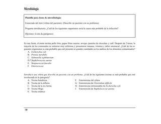 Microbiología

 Plantilla para ítems de microbiología:

 Enunciado del ítem (viñeta del paciente): (Describe un paciente con su problema)

 Pregunta introductoria: ¿Cuál de los siguientes organismos sería la causa más probable de la infección?

 Opciones: (Lista de patógenos)



En una fiesta, el menú incluía pollo frito, papas fritas caseras, arvejas, pasteles de chocolate y café. Después de 2 horas, la
mayoría de los comensales se sintieron muy enfermos y presentaron nauseas, vómitos y dolor estomacal. ¿Cuál de los si-
guientes organismos es más probable que esté presente en grandes cantidades en los análisis de los alimentos contaminados?
    A. Escherichia coli
    B. Proteus mirabilis
    C. Salmonella typhimurium
    D.* Staphylococcus aureus
    E. Streptococcus faecalis
    F. Enterococcus


Introducir una viñeta que describe un paciente con un problema. ¿Cuál de las siguientes toxinas es más probable que esté
involucrada en la patogenia?
    A. Toxina botulínica                               F. Enterotoxina del cólera
    B. Toxina de la difteria                           G. Enterotoxina de Clostridium difficile
    C. Toxina de la tos ferina                         H. Enterotoxina termoestable de Escherichia coli
    D. Toxina Shiga                                    I. Enterotoxina de Staphylococcus aureus
    E. Toxina tetánica




 140
 