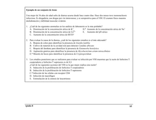 Ejemplo de un conjunto de ítems

 Una mujer de 34 años de edad sufre de diarrea acuosa desde hace cuatro días. Hace dos meses tuvo mononucleosis
 infecciosa. Es drogadicta, usa drogas por vía intravenosa; y es seropositiva para el VIH. El examen físico muestra
 deshidratación y debilidad muscular evidente.

 1. ¿Cuál de las siguientes anomalías en los análisis de laboratorio es la más probable?
    A. Disminución de la concentración sérica de K+               D.* Aumento de la concentración sérica de Na+
    B. Disminución de la concentración sérica de Ca    2+         E. Aumento del pH sérico
    C. Aumento de la concentración sérica de HCO3      -

 2. Para evaluar la causa de la diarrea, ¿cuál de los siguientes estudios es el más adecuado?
    A. Biopsia de colon para identificar la presencia de Giardia lamblia
    B. Cultivo de material de la cavidad oral para detectar Candida albicans
    C. Biopsia del duodeno para identificar la presencia de Entamoeba histolytica
    D. Aspiración gástrica para identificar la presencia de Mycobacterium avium-intracellulare
    E.* Muestra de heces para identificar la presencia de Cryptosporidium

 3. Los estudios posteriores que se realizaron para evaluar su infección por VIH muestran que la razón de linfocitos T
    cooperadores a linfocitos T supresores es de 0,3.
    ¿Cuál de las siguientes acciones del VIH es la que mejor explica esta razón?
    A. Inducción de la proliferación de linfocitos T cooperadores
    B. Inducción de la proliferación de linfocitos T supresores
    C.* Infección de las células con receptor CD4
    D. Infección de macrófagos
    E. Estimulación de la síntesis de leucotrienos




Apéndice B                                                                                                            165
 