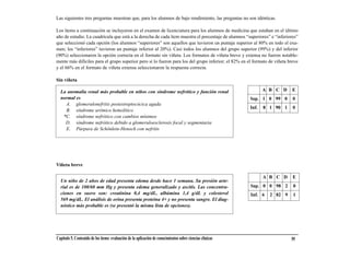 Las siguientes tres preguntas muestran que, para los alumnos de bajo rendimiento, las preguntas no son idénticas.

Los ítems a continuación se incluyeron en el examen de licenciatura para los alumnos de medicina que estaban en el último
año de estudio. La cuadrícula que está a la derecha de cada ítem muestra el porcentaje de alumnos “superiores” e “inferiores”
que seleccionó cada opción (los alumnos “superiores” son aquellos que tuvieron un puntaje superior al 80% en todo el exa-
men; los “inferiores” tuvieron un puntaje inferior al 20%). Casi todos los alumnos del grupo superior (99%) y del inferior
(90%) seleccionaron la opción correcta en el formato sin viñeta. Los formatos de viñeta breve y extensa no fueron notable-
mente más difíciles para el grupo superior pero sí lo fueron para los del grupo inferior; el 82% en el formato de viñeta breve
y el 66% en el formato de viñeta extensa seleccionaron la respuesta correcta.

Sin viñeta

  La anomalía renal más probable en niños con síndrome nefrótico y función renal                                  A B C D    E
  normal es                                                                                                Sup. 1 0 99 0     0
    A. glomerulonefritis postestreptocócica aguda
                                                                                                           Inf.   8 1 90 1   0
    B. síndrome urémico hemolítico
   *C. síndrome nefrótico con cambios mínimos
    D. síndrome nefrótico debido a glomeruloesclerosis focal y segmentaria
    E. Púrpura de Schönlein-Henoch con nefritis




Viñeta breve

                                                                                                                  A B C D    E
  Un niño de 2 años de edad presenta edema desde hace 1 semana. Su presión arte-
  rial es de 100/60 mm Hg y presenta edema generalizado y ascitis. Las concentra-                          Sup. 0 0 98 2     0
  ciones en suero son: creatinina 0,4 mg/dL, albúmina 1,4 g/dL y colesterol                                Inf. 6   2 82 9   1
  569 mg/dL. El análisis de orina presenta proteína 4+ y no presenta sangre. El diag-
  nóstico más probable es (se presentó la misma lista de opciones).




Capítulo 5. Contenido de los ítems: evaluación de la aplicación de conocimientos sobre ciencias clínicas                     59
 