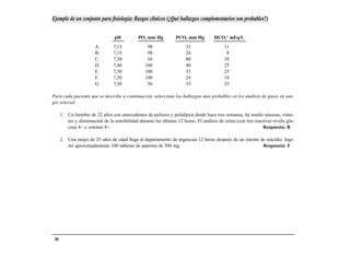 Ejemplo de un conjunto para fisiología: Rasgos clínicos (¿Qué hallazgos complementarios son probables?)


                                  pH          PO2 mm Hg           PCO2 mm Hg          HCO3- mEq/L
                        A.       7,15              98                  33                  11
                        B.       7,15              98                  24                   8
                        C.       7,30              56                  80                  38
                        D.       7,40             100                  40                  25
                        E.       7,50             100                  33                  25
                        F.       7,50             100                  24                  18
                        G.       7,50              56                  33                  25

Para cada paciente que se describe a continuación, seleccione los hallazgos más probables en los análisis de gases en san-
gre arterial.

      1. Un hombre de 22 años con antecedentes de poliuria y polidipsia desde hace tres semanas, ha tenido náuseas, vómi-
         tos y disminución de la sensibilidad durante las últimas 12 horas. El análisis de orina (con tira reactiva) revela glu-
         cosa 4+ y cetonas 4+.                                                                                 Respuesta: B

      2. Una mujer de 25 años de edad llega al departamento de urgencias 12 horas después de un intento de suicidio. Ingi-
         rió aproximadamente 100 tabletas de aspirina de 500 mg.                                         Respuesta: F




 84
 