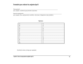 Formulario para redactar los conjuntos tipo R

Tema general: _________________________________________________________________
(por ejemplo, la dolencia que presenta el paciente)

Oración introductoria:__________________________________________________________________
(por ejemplo, Para cada paciente con fiebre, seleccione el diagnóstico más probable.)




                                                        Opciones

               A                                               N
               B                                               O
               C                                               P
               D                                               Q
               E                                               R
               F                                               S
               G                                               T
               H                                               U
               I                                               V
               J                                               W
               K                                               X
               L                                               Y
               M                                               Z




         (Escriba los ítems en hojas por separado)




Capítulo 6. Items de emparejamiento ampliado (tipo R)                                      93
 