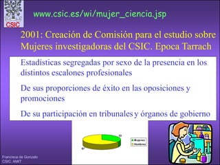 www.csic.es/wi/mujer_ciencia.jsp

          2001: Creación de Comisión para el estudio sobre
          Mujeres investigadoras del CSIC. Epoca Tarrach
          Estadísticas segregadas por sexo de la presencia en los
          distintos escalones profesionales
          De sus proporciones de éxito en las oposiciones y
          promociones
          De su participación en tribunales y órganos de gobierno

                                      33
                                           Mujeres
                                           Hombres
                            67


Francisca de Gonzalo
CSIC. AMIT
 