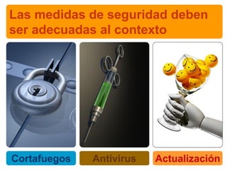 Las medidas de seguridad deben
ser adecuadas al contexto




Cortafuegos   Antivirus   Actualización
 
