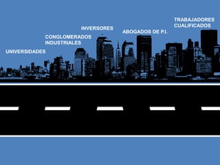 TRABAJADORES
                                                      CUALIFICADOS
                      INVERSORES
                                   ABOGADOS DE P.I.
            CONGLOMERADOS
            INDUSTRIALES
UNIVERSIDADES
 
