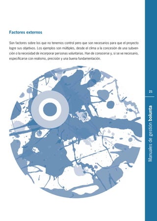 Manualesdegestiónbolunta
21
Factores externos
Son factores sobre los que no tenemos control pero que son necesarios para que el proyecto
logre sus objetivos. Los ejemplos son múltiples, desde el clima a la concesión de una subven-
ción o la necesidad de incorporar personas voluntarias. Han de conocerse y, si se ve necesario,
especificarse con realismo, precisión y una buena fundamentación.
 