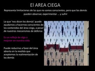 Representa limitaciones de las que no somos conscientes, pero que los demás
pueden observar, experimentar … y sufrir
Lo que ‘nos dicen los demás’ puede
ayudarnos a hacernos conscientes de
los contenidos del área ciega, a pesar
de nuestros mecanismos de defensa
Es un reflejo de algo a
mejorar en nuestra vida
Puede reducirse a favor del área
abierta en la medida que
aceptemos la realimentación de
los demás
El AREA CIEGA
 