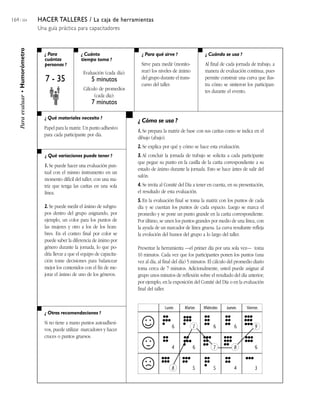 164 / 204                         HACER TALLERES / La caja de herramientas
                                  Una guía práctica para capacitadores
     Para evaluar • Humorómetro




                                     ¿ Para              ¿ Cuánto                    ¿ Para qué sirve ?                  ¿ Cuándo se usa ?
                                     cuántas             tiempo toma ?
                                     personas ?                                      Sirve para medir (monito-          Al final de cada jornada de trabajo, a
                                                          Evaluación (cada día):     rear) los niveles de ánimo         manera de evaluación continua, pues
                                     7 - 35                   5 minutos              del grupo durante el trans-
                                                                                     curso del taller.
                                                                                                                        permite construir una curva que ilus-
                                                                                                                        tra cómo se sintieron los participan-
                                                          Cálculo de promedios                                          tes durante el evento.
                                                               (cada día):
                                                              7 minutos

                                     ¿ Qué materiales necesito ?
                                                                                   ¿ Cómo se usa ?
                                    Papel para la matriz. Un punto adhesivo
                                                                                   1. Se prepara la matriz de base con sus caritas como se indica en el
                                    para cada participante por día.
                                                                                   dibujo (abajo).
                                                                                   2. Se explica por qué y cómo se hace esta evaluación.
                                     ¿ Qué variaciones puede tener ?               3. Al concluir la jornada de trabajo se solicita a cada participante
                                                                                   que pegue su punto en la casilla de la carita correspondiente a su
                                     1. Se puede hacer una evaluación pun-
                                                                                   estado de ánimo durante la jornada. Esto se hace ántes de salir del
                                     tual con el mismo instrumento en un
                                                                                   salón.
                                     momento difícil del taller, con una ma-
                                     triz que tenga las caritas en una sola        4. Se invita al Comité del Día a tener en cuenta, en su presentación,
                                     línea.                                        el resultado de esta evaluación.
                                                                                   5. En la evaluación final se toma la matriz con los puntos de cada
                                     2. Se puede medir el ánimo de subgru-         día y se cuentan los puntos de cada espacio. Luego se marca el
                                     pos dentro del grupo asignando, por           promedio y se pone un punto grande en la carita correspondiente.
                                     ejemplo, un color para los puntos de          Por último, se unen los puntos grandes por medio de una línea, con
                                     las mujeres y otro a los de los hom-          la ayuda de un marcador de línea gruesa. La curva resultante refleja
                                     bres. En el conteo final por color se         la evolución del humor del grupo a lo largo del taller.
                                     puede saber la diferencia de ánimo por
                                     género durante la jornada, lo que po-         Presentar la herramienta —el primer día por una sola vez— toma
                                     dría llevar a que el equipo de capacita-      10 minutos. Cada vez que los participantes ponen los puntos (una
                                     ción tome decisiones para balancear           vez al día, al final del día) 5 minutos. El cálculo del promedio diario
                                     mejor los contenidos con el fin de me-        toma cerca de 7 minutos. Adicionalmente, usted puede asignar al
                                     jorar el ánimo de uno de los géneros.         grupo unos minutos de reflexión sobre el resultado del día anterior;
                                                                                   por ejemplo, en la exposición del Comité del Día o en la evaluación
                                                                                   final del taller.


                                                                                                  Lunes      Martes     Miércoles    Jueves     Viernes
                                     ¿ Otras recomendaciones ?
                                                                                                 ••
                                                                                                •••        •••
                                                                                                           •••         ••
                                                                                                                       ••            ••
                                                                                                                                     ••       •••
                                                                                                                                              ••• 9
                                    Si no tiene a mano puntos autoadhesi-
                                    vos, puede utilizar marcadores y hacer
                                                                                                • 6        • 7         •• 6         •• 6      •••
                                    cruces o puntos gruesos.
                                                                                                 ••
                                                                                                 •• 4      ••
                                                                                                           •••         •••
                                                                                                                       ••           •••
                                                                                                                                    •••       •••
                                                                                                                                              •••
                                                                                                           • 6         •• 7         •• 8             6

                                                                                                •••
                                                                                                •••        •••
                                                                                                           ••          ••
                                                                                                                       ••            ••
                                                                                                                                     ••        •••
                                                                                                      8            5   • 5               4           3
 