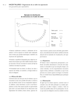 46 / 204   HACER TALLERES / Organización de un taller de capacitación
           Una guía práctica para capacitadores




                                          Ejemplo de distribución
                                     de elementos en el salón de taller




           • Buenas condiciones acústicas y aislamiento de los         viaje), horarios y planes exactos del taller, guías telefó-
           salones o de los espacios en donde estén realizando         nicas y otra información de interés; también servirá de
           otros eventos que puedan interrumpir o interferir con       almacén de los materiales de visualización y de equi-
           el proceso de capacitación.                                 pos técnicos.

           • Paredes o superficies despejadas para colgar las car-
                                                                       5.6.4. Alojamiento
           teleras de tal manera que estén visibles durante el tiem-
                                                                       El balance entre la disposición presupuestal y am-
           po necesario. Procure encontrar la manera de fijar las
                                                                       biente favorable determinará la elección del aloja-
           carteleras sin dañar las paredes.
                                                                       miento. Lo deseable es que sea tranquilo, limpio, con
           • Proximidad entre los baños, la oficina, las salas o       camas cómodas, con los requerimientos necesarios
           espacios de trabajo, el comedor y el lugar donde se         según el clima, ambiente y costumbres, ya que si una
           toma el refrigerio.                                         persona no se siente a gusto en el lugar o no duerme
                                                                       bien, no tendrá buena disponibilidad para participar
           5.6.3. Oficina   del taller                                 en el taller.
           Conviene tener una sala que sirva de oficina y que se
           encuentre lo más cerca posible del salón. Lo ideal es       5.6.5. Alimentación
           que esta oficina cuente con un computador, impreso-         Al igual que los demás espacios, conviene tener el
           ra, teléfono, correo electrónico, acceso a una fotoco-      comedor cerca del salón principal. La comida apro-
           piadora y un fax. Este espacio puede ser aprovechado        piada para un taller es ligera y variada, y tiene en
           para tener a la mano listados de las direcciones más        cuenta las posibles dietas de los participantes. Es cla-
           importantes (de médicos, líneas aéreas, agencias de         ve que tanto los refrigerios como las comidas se sirvan
 