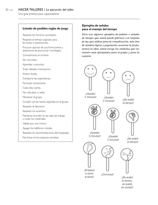 82 / 204   HACER TALLERES / La ejecución del taller
           Una guía práctica para capacitadores


                                                              Ejemplos de señales
              Listado de posibles reglas de juego             para el manejo del tiempo
              Respetar los horarios acordados.                Estos son algunos ejemplos de paletas o señales
                                                              de tiempo que usted puede fabricar con tarjetas
              Respetar el tiempo asignado para
              las tareas o exposiciones.                      de las que utiliza para la visualización, una tira
                                                              de madera ligera y pegamento; nosotras le propo-
              Procurar aportar de una forma breve y
                                                              nemos la idea, usted escoge los símbolos que en-
              abstenerse de pronunciar monólogos.
                                                              cuentre más apropiados para el grupo y para la
              Concentrarse en el tema.                        ocasión.
              Ser concretos.
              Aprender a escuchar.
              Evitar debates innecesarios.
              Aclarar dudas.
              Compartir las experiencias.
              Participar activamente.
              Cada idea cuenta.
              No ridiculizar a nadie.
                                                                 ¡¡Quedan
              Mantener el grupo.                                5 minutos!!         ¡¡Quedan
                                                                                                      ¡¡Se acabó
              Cumplir con las tareas asignadas en el grupo.                        3 minutos!!
                                                                                                      el tiempo!!
              Respetar el descanso.
              Respetar los acuerdos.
              Mantener el orden en las salas de trabajo
              y cuidar los materiales.
              Hablar por uno mismo.
              Apagar los teléfonos móviles.
              Respetar las recomendaciones del hospedaje.            ¡¡Quedan
                                                                    3 minutos!!         ¡¡Quedan
              No fumar en los espacios cerrados.                                                          ¡¡Se acabó
                                                                                       2 minutos!!
                                                                                                          el tiempo!!




                                                               ¡¡Empiece
                                                                 a cerrar         ¡¡Concluya!!
                                                                el tema!!                            ¡¡Se acabó
                                                                                                      el tiempo,
                                                                                                      se quedó
                                                                                                     sin sonido!!
 