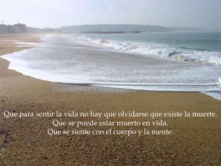 Que para sentir la vida no hay que olvidarse que existe la muerte. Que se puede estar muerto en vida. Que se siente con el cuerpo y la mente. 