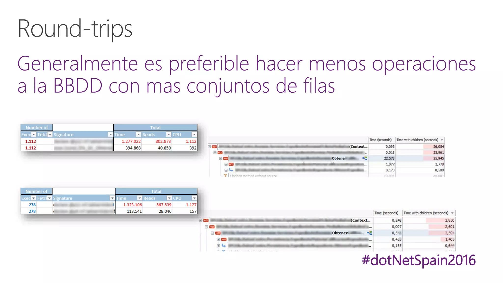 #dotNetSpain2016
• Evita procesados fila a fila
Capas de acceso
a datos
• La estructura de datos importa, no es
todo BBDD
Complejidad
algorítmica
• Centra el tiro a donde esté el
problema
Profiling de una
aplicación .NET
• Ya no estamos en los 90. Hasta tu
móvil tiene 8 núcleos 
Consideraciones
de concurrencia
 