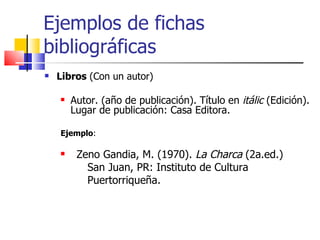 Ejemplos de fichas bibliográficas Libros  (Con un autor) Autor. (año de publicación). Título en  itálic  (Edición). Lugar de publicación: Casa Editora.  Ejemplo : Zeno Gandia, M. (1970).  La Charca  (2a.ed.)  San Juan, PR: Instituto de Cultura Puertorriqueña. 