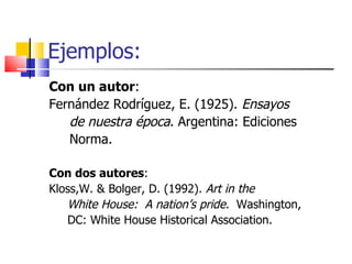 Ejemplos: <ul><li>Con un autor : </li></ul><ul><li>Fernández Rodríguez, E. (1925).  Ensayos </li></ul><ul><li>de nuestra é...