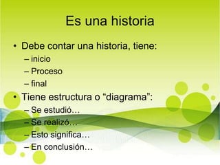 Es una historiaDebe contar una historia, tiene: inicioProcesofinal Tiene estructura o “diagrama”:  Se estudió…Se realizó…Esto significa…En conclusión…