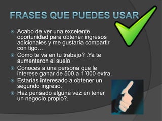    Acabo de ver una excelente
    oportunidad para obtener ingresos
    adicionales y me gustaría compartir
    con tigo…
   Como te va en tu trabajo? .Ya te
    aumentaron el suelo
   Conoces a una persona que le
    interese ganar de 500 a 1´000 extra.
   Estarías interesado a obtener un
    segundo ingreso.
   Haz pensado alguna vez en tener
    un negocio propio?.
 