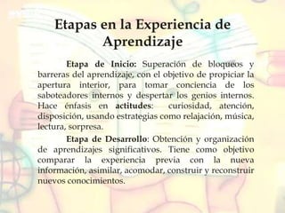 Etapas en la Experiencia de
Aprendizaje
Etapa de Inicio: Superación de bloqueos y
barreras del aprendizaje, con el objetivo de propiciar la
apertura interior, para tomar conciencia de los
saboteadores internos y despertar los genios internos.
Hace énfasis en actitudes: curiosidad, atención,
disposición, usando estrategias como relajación, música,
lectura, sorpresa.
Etapa de Desarrollo: Obtención y organización
de aprendizajes significativos. Tiene como objetivo
comparar la experiencia previa con la nueva
información, asimilar, acomodar, construir y reconstruir
nuevos conocimientos.
 