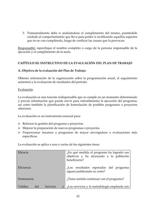 3. Trimestralmente debe ir analizándose el cumplimiento del mismo, poniéndole
      cuidado al comportamiento que lleva para poder ir rectificando aquellos aspectos
      que no se van cumpliendo, luego de verificar las causas que lo provocan.

Responsable: especifique el nombre completo o cargo de la persona responsable de la
ejecución y el cumplimiento de la meta.


CAPÍTULO III: INSTRUCTIVO DE LA EVALUACIÓN DEL PLAN DE TRABAJO

A. Objetivo de la evaluación del Plan de Trabajo:

Obtener información de la organización sobre la programación anual, el seguimiento
semestral y la evaluación de resultados del período.

Evaluación

La evaluación es una función indispensable que se cumple en un momento determinado
y provee información que puede servir para retroalimentar la ejecución del programa;
así como también la planificación de formulación de posibles programas o proyectos
ulteriores.

La evaluación es un instrumento esencial para:

   Reforzar la gestión del programa o proyectos
   Mejorar la preparación de nuevos programas o proyectos
   Proporcionar insumos o programas de mayor envergadura o evaluaciones más
   específicas.

La evaluación se aplica a una o varias de las siguientes áreas:

Eficacia                             ¿En qué medida el programa ha logrado sus
                                     objetivos y ha alcanzado a la población
                                     beneficiaria?

Eficiencia                           ¿Los resultados esperados del programa
                                     siguen justificando su costo?

Pertenencia                          ¿Tiene sentido continuar con el programa?

Validez       del   Servicio      y ¿Los servicios y la metodología empleada son


                                            10
 