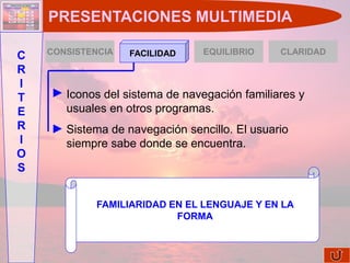 PRESENTACIONES MULTIMEDIA

    CONSISTENCIA   FACILIDAD    EQUILIBRIO     CLARIDAD
C
R
I
T      Iconos del sistema de navegación familiares y
E      usuales en otros programas.
R      Sistema de navegación sencillo. El usuario
I      siempre sabe donde se encuentra.
O
S


            FAMILIARIDAD EN EL LENGUAJE Y EN LA
                          FORMA
 