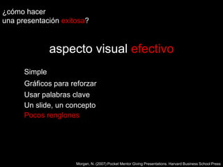 ¿cómo hacer una presentaciónexitosa?aspecto visual efectivoSimpleGráficos para reforzarUsar palabras claveUn slide, un conceptoPocos renglonesMorgan, N. (2007) Pocket Mentor Giving Presentations. Harvard Business School Press