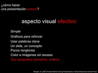 ¿cómo hacer una presentaciónexitosa?aspecto visual efectivoSimpleGráficos para reforzarUsar palabras claveUn slide, un conceptoPocos renglonesColor e imágenes sin excesoDos tipografías (tamaños, estilos)Morgan, N. (2007) Pocket Mentor Giving Presentations. Harvard Business School Press