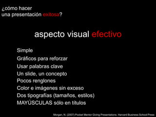 ¿cómo hacer una presentaciónexitosa?aspecto visual efectivoSimpleGráficos para reforzarUsar palabras claveUn slide, un conceptoPocos renglonesColor e imágenes sin excesoDos tipografías (tamaños, estilos)MAYÚSCULAS sólo en títulosMorgan, N. (2007) Pocket Mentor Giving Presentations. Harvard Business School Press