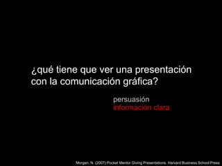 ¿qué tiene que ver una presentación con la comunicación gráfica?persuasióninformación claraMorgan, N. (2007) Pocket Mentor Giving Presentations. Harvard Business School Press