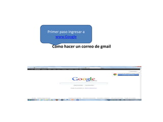 Primer paso ingresar a
    www.Google

  Como hacer un correo de gmail
 