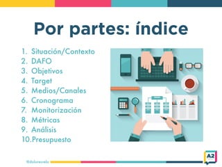 Por partes: índice
@doloresvela
1. Situación/Contexto
2. DAFO
3. Objetivos
4. Target
5. Medios/Canales
6. Cronograma
7. Monitorización
8. Métricas
9. Análisis
10.Presupuesto
 