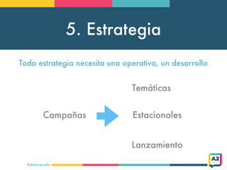 5. Estrategia
@doloresvela
Campañas
Temáticas
Estacionales
Lanzamiento
Toda estrategia necesita una operativa, un desarrollo
 