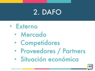 2. DAFO
@doloresvela
• Externo
• Mercado
• Competidores
• Proveedores / Partners
• Situación económica
 