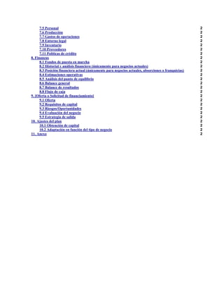 7.5 Personal
7.6 Producción
7.7 Gastos de operaciones
7.8 Entorno legal
7.9 Inventario
7.10 Proveedores
7.11 Políticas de crédito
8. Finanzas
8.1 Fondos de puesta en marcha
8.2 Historial y análisis financiero (únicamente para negocios actuales)
8.3 Posición financiera actual (únicamente para negocios actuales, absorciones o franquicias)
8.4 Estimaciones operativas
8.5 Análisis del punto de equilibrio
8.6 Balance general
8.7 Balance de resultados
8.8 Flujo de caja
9. [Oferta o Solicitud de financiamiento]
9.1 Oferta
9.2 Requisitos de capital
9.3 Riesgos/Oportunidades
9.4 Evaluación del negocio
9.5 Estrategia de salida
10. Ajustes del plan
10.1 Obtención de capital
10.2 Adaptación en función del tipo de negocio
11. Anexo

2
2
2
2
2
2
2
2
2
2
2
2
2
2
2
2
2
2
2
2
2
2
2
2
2
2

 