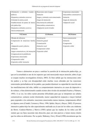 Elaboración de un programa de atención temprana
-174- Revista Electrónica de Investigación Psicoeducativa, ISSN: 1696-2095.Nº 7, Vol 3 (3) 2005, pp. 151 - 192.
-Orientación a estímulos visuales y
auditivos
-Respuesta a estímulos aversivos
-Estimular la sonrisa social
-Establecimiento de pautas de interac-
ción padres-hijo
-Respuesta a estímulos aversivos
-Socio-comunicación
-Reacciones ante el espejo
-Imitación
-Juegos y estímulos socio-emocionales
-Juegos de interacción
-Discriminación ambiental
-Intercambios comunicativos
-Adaptación social al medio
-Expresiones emocionales
-Intercambios comunicativos
-Imitación
-Juegos de interacción
-Adaptación social
9-12 meses 12-18 meses 18-24 meses
-Miradas de referencia
-Comprensión de situaciones familia-
res
-Adaptación social y afectiva
-Imitación
-Juegos comunicativos y de interacción
-Comprensión de la prohibición
-Expresiones emocionales
-Comprensión verbal
-Expresión verbal: iniciación
-Socialización
-Imitación gestual
-Comunicación
-Imitación vocal
-Comprensión verbal
-Expresión verbal
-Socio-comunicación
-Imitación
-Comprensión
-Expresión verbal
Vamos a detenernos un poco a analizar la cuestión de la interacción padres-hijo, ya
que en la actualidad es uno de los aspectos que está mereciendo mayor atención, sobre el que
se ocupan muchos investigadores (Gràcia, 2003). Es bien sabido que las interacciones entre
los padres y su hijo con discapacidad están muchas veces alteradas por las reacciones
emocionales perturbadoras de los padres, que pueden disminuir su capacidad de reacción ante
las manifestaciones del niño, inhibir su comportamiento interactivo en casos de depresión o
de rechazo, o bien distorsionarlo cuando existen altos niveles de ansiedad (Fuertes y Palmero,
1995). A su vez, los niños suelen presentar dificultades para que se interpreten sus señales
comunicativas: contacto ocular disminuido, menor capacidad de respuesta o mayor lentitud
para responder a los estímulos, reacciones emocionales menos intensas, temperamento difícil
en algunos casos (Candel, Carranza y Pérez, 1996; Spiker, Boyce y Boyce, 2002). El proceso
interactivo padres-hijo ha sido especialmente analizado en el caso de los niños con síndrome
de Down. Cardoso-Martins y Mervis (1985) opinan que las madres de los niños con SD
sienten que sus hijos necesitan más dirección, pues son más pasivos y tienen menos interés
que los niños no deficientes. Por su parte, Mahoney, Fors y Wood (1990) encontraron que las
 