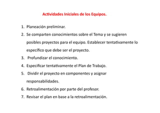  	
   	
   	
   Ac<vidades	
  Iniciales	
  de	
  los	
  Equipos.	
  
1.  Planeación	
  preliminar.	
  	
  
2.  Se	
  comparten	
  conocimientos	
  sobre	
  el	
  Tema	
  y	
  se	
  sugieren	
  
posibles	
  proyectos	
  para	
  el	
  equipo.	
  Establecer	
  tentaZvamente	
  lo	
  
especíﬁco	
  que	
  debe	
  ser	
  el	
  proyecto.	
  
3.  	
  Profundizar	
  el	
  conocimiento.	
  
4.  Especiﬁcar	
  tentaZvamente	
  el	
  Plan	
  de	
  Trabajo.	
  
5.  	
  Dividir	
  el	
  proyecto	
  en	
  componentes	
  y	
  asignar	
  
responsabilidades.	
  
6.  Retroalimentación	
  por	
  parte	
  del	
  profesor.	
  
7.  Revisar	
  el	
  plan	
  en	
  base	
  a	
  la	
  retroalimentación.	
  
 