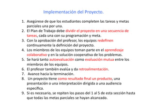   	
   	
   	
  Implementación	
  del	
  Proyecto.	
  
1.  Asegúrese	
  de	
  que	
  los	
  estudiantes	
  completen	
  las	
  tareas	
  y	
  metas	
  
parciales	
  una	
  por	
  una.	
  	
  
2.  El	
  Plan	
  de	
  Trabajo	
  debe	
  dividir	
  el	
  proyecto	
  en	
  una	
  secuencia	
  de	
  
tareas,	
  cada	
  una	
  con	
  su	
  programación	
  y	
  meta.	
  	
  
3.  Con	
  la	
  aprobación	
  del	
  profesor,	
  los	
  equipos	
  redeﬁnen	
  
conZnuamente	
  la	
  deﬁnición	
  del	
  proyecto.	
  
4.  Los	
  miembros	
  de	
  los	
  equipos	
  toman	
  parte	
  en	
  el	
  aprendizaje	
  
colaboraZvo	
  y	
  en	
  la	
  solución	
  cooperaZva	
  de	
  los	
  problemas.	
  	
  
5.  Se	
  hará	
  tanto	
  autoevaluación	
  como	
  evaluación	
  mutua	
  entre	
  los	
  
miembros	
  de	
  los	
  equipos.	
  	
  
6.  El	
  profesor	
  también	
  evalúa	
  y	
  da	
  retroalimentación.	
  
7.  	
  Avance	
  hacia	
  la	
  terminación.	
  
8.  	
  Un	
  proyecto	
  Zene	
  como	
  resultado	
  ﬁnal	
  un	
  producto,	
  una	
  
presentación	
  o	
  una	
  interpretación	
  dirigida	
  a	
  una	
  audiencia	
  
especíﬁca.	
  	
  
9.  Si	
  es	
  necesario,	
  se	
  repiten	
  los	
  pasos	
  del	
  1	
  al	
  5	
  de	
  esta	
  sección	
  hasta	
  
que	
  todas	
  las	
  metas	
  parciales	
  se	
  hayan	
  alcanzado.	
  
 