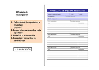 El	
  Trabajo	
  de	
  
Inves<gación	
  
1.  Selección	
  de	
  los	
  apartados	
  a	
  
inves<gar	
  
	
   ¿Quién?	
  
2.	
  Buscar	
  información	
  sobre	
  cada	
  
apartado	
  
3.Sinte<zar	
  la	
  información	
  
4.	
  Presentar	
  y	
  comunicar	
  la	
  
información	
  	
  
1.	
  PLANIFICACIÓN	
  
 