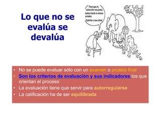 Lo que no se
evalúa se
devalúa
•  No se puede evaluar sólo con un examen o prueba final
•  Son los criterios de evaluación y sus indicadores los que
orientan el proceso
•  La evaluación tiene que servir para autorregularse
•  La calificación ha de ser equilibrada
 