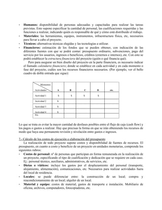 -   Humanos: disponibilidad de personas adecuadas y capacitadas para realizar las tareas
    previstas. Esto supone especificar la cantidad de personal, las cualificaciones requeridas y las
    funciones a realizar, indicando quién es responsable de qué y cómo está distribuido el trabajo.
-   Materiales: las herramientas, equipos, instrumentos, infraestructura física, etc, necesarios
    para llevar a cabo el proyecto.
-   Técnicos: alternativas técnicas elegidas y las tecnologías a utilizar.
-   Financieros: estimación de los fondos que se pueden obtener, con indicación de las
    diferentes fuentes con que se podrá contar: presupuesto ordinario, subvenciones, pago del
    servicio por los usuarios, ingresos o beneficios, créditos (externos e internos), etc. Con esto se
    podrá establecer la estructura financiera del proyecto (quién o qué financia qué).
         Pero para asegurar un bien diseño del proyecto en la parte financiera, es necesario indicar
    el llamado calendario financiero; donde se establece en cada actividad y en cada momento o
    fase del proyecto, cuáles son los recursos financieros necesarios. (Por ejemplo, ver el bello
    cuadro de doble entrada que sigue):


                  Momentos

             Actividades       A         B           C          D         etc.

             Actividad 1        $         $          $          $

             Actividad 2       $

             Actividad 3       $

             Actividad 4       $
             Etc.



Lo que se trata es evitar la mayor cantidad de desfases posibles entre el flujo de caja (cash flow) y
los pagos o gastos a realizar. Hay que precisas la forma en que se irán obteniendo los recursos de
modo que haya una permanente revisión y nivelación entre gastos e ingresos.

7.- Cálculo de los costos de ejecución o elaboración del presupuesto
    La realización de todo proyecto supone costos y disponibilidad de fuentes de recursos. El
presupuesto, en cuanto a costo y beneficio de un proyecto en unidades monetarias, comprende los
siguientes rubros:
- Costos de personal: nº de personas que participan en forma remunerada en la realización de
    un proyecto, especificando el tipo de cualificación y dedicación que se requiere en cada caso.
    Ej.: personal técnico, auxiliares, administrativos, de servicios, etc.
- Dietas o viáticos: incluye los gastos por el desplazamiento del personal (transporte,
    alojamiento, alimentación), comunicaciones, etc. Necesarios para realizar actividades fuera
    del local de residencia.
- Locales: se puede diferenciar entre: la construcción de un local; compra y
    reacondicionamiento de un local; alquiler de un local.
- Material y equipo: costos de material, gastos de transporte e instalación. Mobiliario de
    oficina, archivos, computadores, fotocopiadoras, etc.
 