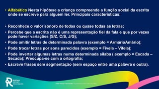 • Alfabético Nesta hipótese a criança compreende a função social da escrita
onde se escreve para alguém ler. Principais características:
• Reconhece o valor sonoro de todas ou quase todas as letras;
• Percebe que a escrita não é uma representação fiel da fala e que por vezes
pode haver variações (S/Z, C/S, J/G);
• Pode omitir letras de determinada palavra (exemplo = ArmárioAmário);
• Pode trocar letras por sons parecidos (exemplo = Fivela – Vifela);
• Pode inverter algumas letras numa determinada sílaba ( exemplo = Escada –
Secada); Preocupa-se com a ortografia;
• Escreve frases sem segmentação (sem espaço entre uma palavra e outra).
 