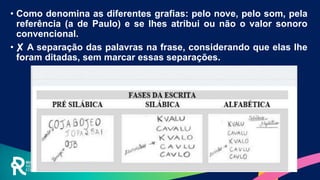• Como denomina as diferentes grafias: pelo nove, pelo som, pela
referência (a de Paulo) e se lhes atribui ou não o valor sonoro
convencional.
• ✘ A separação das palavras na frase, considerando que elas lhe
foram ditadas, sem marcar essas separações.
 