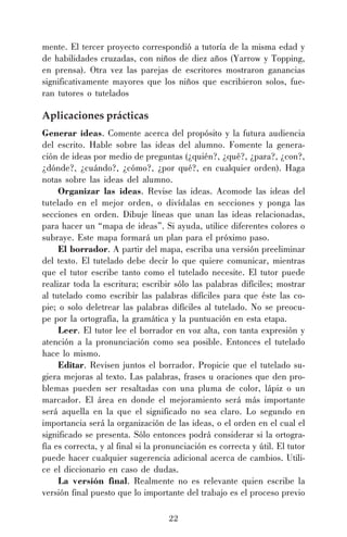 22
mente. El tercer proyecto correspondió a tutoría de la misma edad y
de habilidades cruzadas, con niños de diez años (Yarrow y Topping,
en prensa). Otra vez las parejas de escritores mostraron ganancias
significativamente mayores que los niños que escribieron solos, fue-
ran tutores o tutelados
Aplicaciones prácticas
Generar ideas. Comente acerca del propósito y la futura audiencia
del escrito. Hable sobre las ideas del alumno. Fomente la genera-
ción de ideas por medio de preguntas (¿quién?, ¿qué?, ¿para?, ¿con?,
¿dónde?, ¿cuándo?, ¿cómo?, ¿por qué?, en cualquier orden). Haga
notas sobre las ideas del alumno.
Organizar las ideas. Revise las ideas. Acomode las ideas del
tutelado en el mejor orden, o divídalas en secciones y ponga las
secciones en orden. Dibuje líneas que unan las ideas relacionadas,
para hacer un “mapa de ideas”. Si ayuda, utilice diferentes colores o
subraye. Este mapa formará un plan para el próximo paso.
El borrador. A partir del mapa, escriba una versión preeliminar
del texto. El tutelado debe decir lo que quiere comunicar, mientras
que el tutor escribe tanto como el tutelado necesite. El tutor puede
realizar toda la escritura; escribir sólo las palabras difíciles; mostrar
al tutelado como escribir las palabras difíciles para que éste las co-
pie; o solo deletrear las palabras difíciles al tutelado. No se preocu-
pe por la ortografía, la gramática y la puntuación en esta etapa.
Leer. El tutor lee el borrador en voz alta, con tanta expresión y
atención a la pronunciación como sea posible. Entonces el tutelado
hace lo mismo.
Editar. Revisen juntos el borrador. Propicie que el tutelado su-
giera mejoras al texto. Las palabras, frases u oraciones que den pro-
blemas pueden ser resaltadas con una pluma de color, lápiz o un
marcador. El área en donde el mejoramiento será más importante
será aquella en la que el significado no sea claro. Lo segundo en
importancia será la organización de las ideas, o el orden en el cual el
significado se presenta. Sólo entonces podrá considerar si la ortogra-
fía es correcta, y al final si la pronunciación es correcta y útil. El tutor
puede hacer cualquier sugerencia adicional acerca de cambios. Utili-
ce el diccionario en caso de dudas.
La versión final. Realmente no es relevante quien escribe la
versión final puesto que lo importante del trabajo es el proceso previo
 