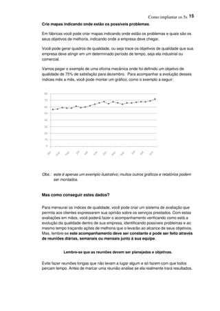 Como implantar os 5s 15
Crie mapas indicando onde estão os possíveis problemas.
Em fábricas você pode criar mapas indicando onde estão os problemas e quais são os
seus objetivos de melhoria, indicando onde a empresa deve chegar.
Você pode gerar quadros de qualidade, ou seja trace os objetivos de qualidade que sua
empresa deve atingir em um determinado período de tempo, seja ela industrial ou
comercial.
Vamos pegar o exemplo de uma oficina mecânica onde foi definido um objetivo de
qualidade de 75% de satisfação para dezembro. Para acompanhar a evolução desses
índices mês a mês, você pode montar um gráfico, como o exemplo a seguir:
Obs.: este é apenas um exemplo ilustrativo; muitos outros gráficos e relatórios podem
ser montados.
Mas como conseguir estes dados?
Para mensurar os índices de qualidade, você pode criar um sistema de avaliação que
permita aos clientes expressarem sua opinião sobre os serviços prestados. Com estas
avaliações em mãos, você poderá fazer o acompanhamento verificando como está a
evolução da qualidade dentro de sua empresa, identificando possíveis problemas e ao
mesmo tempo traçando ações de melhoria que o levarão ao alcance de seus objetivos.
Mas, lembre-se este acompanhamento deve ser constante e pode ser feito através
de reuniões diárias, semanais ou mensais junto à sua equipe.
Lembre-se que as reuniões devem ser planejadas e objetivas.
Evite fazer reuniões longas que não levam a lugar algum e só fazem com que todos
percam tempo. Antes de marcar uma reunião analise se ela realmente trará resultados.
 