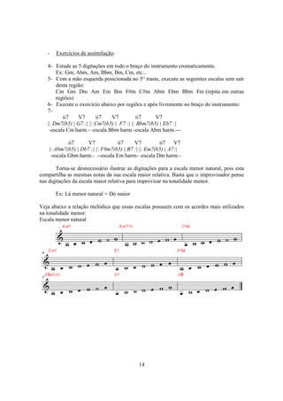 14
- Exercícios de assimilação:
4- Estude as 5 digitações em todo o braço do instrumento cromaticamente.
Ex: Gm, Abm, Am, Bbm, Bm, Cm, etc...
5- Com a mão esquerda posicionada no 5° traste, execute as seguintes escalas sem sair
desta região:
Cm Gm Dm Am Em Bm F#m C#m Abm Ebm Bbm Fm (repita em outras
regiões)
6- Execute o exercício abaixo por regiões e após livremente no braço do instrumento:
7-
ii7 V7 ii7 V7 ii7 V7
|: Dm7(b5) | G7 :| |: Cm7(b5) | F7 :| |: Bbm7(b5) | Eb7 :|
-escala Cm harm.- -escala Bbm harm.-escala Abm harm.---
ii7 V7 ii7 V7 ii7 V7
|: Abm7(b5) | Db7 :| |: F#m7(b5) | B7 :| |: Em7(b5) | A7:|
-escala Gbm harm.- --escala Em harm- -escala Dm harm.-
Torna-se desnecessário ilustrar as digitações para a escala menor natural, pois esta
compartilha as mesmas notas da sua escala maior relativa. Basta que o improvisador pense
nas digitações da escala maior relativa para improvisar na tonalidade menor.
Ex: Lá menor natural = Dó maior
Veja abaixo a relação melódica que essas escalas possuem com os acordes mais utilizados
na tonalidade menor:
Escala menor natural
 