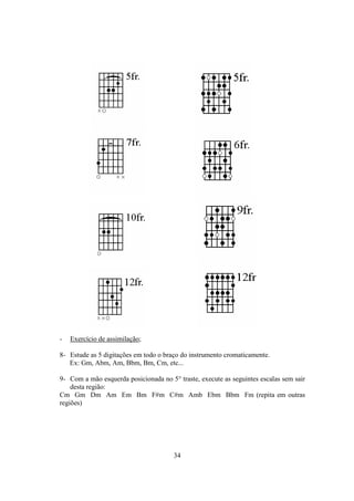 34
- Exercício de assimilação;
8- Estude as 5 digitações em todo o braço do instrumento cromaticamente.
Ex: Gm, Abm, Am, Bbm, Bm, Cm, etc...
9- Com a mão esquerda posicionada no 5° traste, execute as seguintes escalas sem sair
desta região:
Cm Gm Dm Am Em Bm F#m C#m Amb Ebm Bbm Fm (repita em outras
regiões)
 