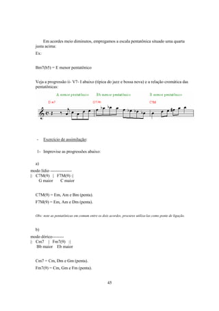 45
Em acordes meio diminutos, empregamos a escala pentatônica situado uma quarta
justa acima:
Ex:
Bm7(b5) = E menor pentatônico
Veja a progressão ii- V7- I abaixo (típica do jazz e bossa nova) e a relação cromática das
pentatônicas:
- Exercício de assimilação:
1- Improvise as progressões abaixo:
a)
modo lídio ---------------
|: C7M(9) | F7M(9) :|
G maior C maior
C7M(9) = Em, Am e Bm (penta).
F7M(9) = Em, Am e Dm (penta).
Obs: note as pentatônicas em comum entre os dois acordes, procures utiliza-las como ponte de ligação.
b)
modo dórico--------
|: Cm7 | Fm7(9) :|
Bb maior Eb maior
Cm7 = Cm, Dm e Gm (penta).
Fm7(9) = Cm, Gm e Fm (penta).
 