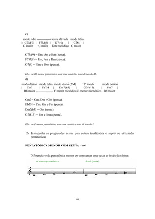46
c)
modo lídio -------------escala alterada modo lídio
|: C7M(9) | F7M(9) | G7 (9) | C7M :|
G maior C maior Dm melódico G maior
C7M(9) = Em, Am e Bm (penta).
F7M(9) = Em, Am e Dm (penta).
G7(9) = Em e Bbm (penta).
Obs: em Bb menor pentatônico, usar com cautela a nota de tensão Ab.
d)
modo dórico modo lídio modo lócrio (2M) 5° modo modo dórico
| Cm7 | Eb7M | Dm7(b5) | G7(b13) | Cm7 |
Bb maior ----------------- F menor melódico C menor harmônico Bb maior
Cm7 = Cm, Dm e Gm (penta).
Eb7M = Cm, Gm e Fm (penta).
Dm7(b5) = Gm (penta).
G7(b13) = Em e Bbm (penta).
Obs: em E menor pentatônico, usar com cautela a nota de tensão E.
2- Transponha as progressões acima para outras tonalidades e improvise utilizando
pentatônicas.
PENTATÔNICA MENOR COM SEXTA - m6
Diferencia-se da pentatônica menor por apresentar uma sexta ao invés da sétima:
 