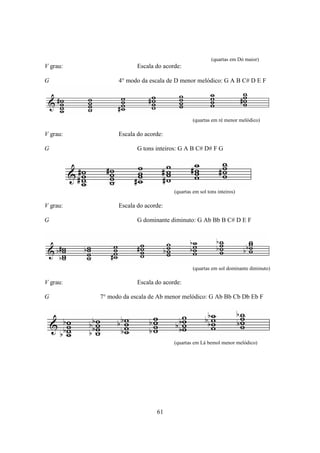 61
(quartas em Dó maior)
V grau: Escala do acorde:
G 4° modo da escala de D menor melódico: G A B C# D E F
(quartas em ré menor melódico)
V grau: Escala do acorde:
G G tons inteiros: G A B C# D# F G
(quartas em sol tons inteiros)
V grau: Escala do acorde:
G G dominante diminuto: G Ab Bb B C# D E F
(quartas em sol dominante diminuto)
V grau: Escala do acorde:
G 7° modo da escala de Ab menor melódico: G Ab Bb Cb Db Eb F
(quartas em Lá bemol menor melódico)
 