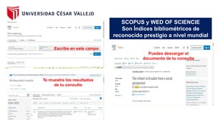 SCOPUS y WED OF SCIENCIE
Son Índices bibliométricos de
reconocido prestigio a nivel mundial
Escribe en este campo
Te muestra los resultados
de tu consulta
Puedes descargar el
documento de tu consulta
 