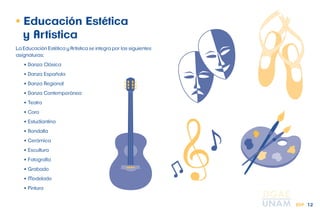 12 
• Educación Estética 
y Artística 
La Educación Estética y Artística se integra por las siguientes 
asignaturas: 
•Danza Clásica 
• Danza Española 
•Danza Regional 
•Danza Contemporánea 
•Teatro 
•Coro 
•Estudiantina 
•Rondalla 
•Cerámica 
•Escultura 
• Fotografía 
• Grabado 
• Modelado 
• Pintura 
ENP 
 